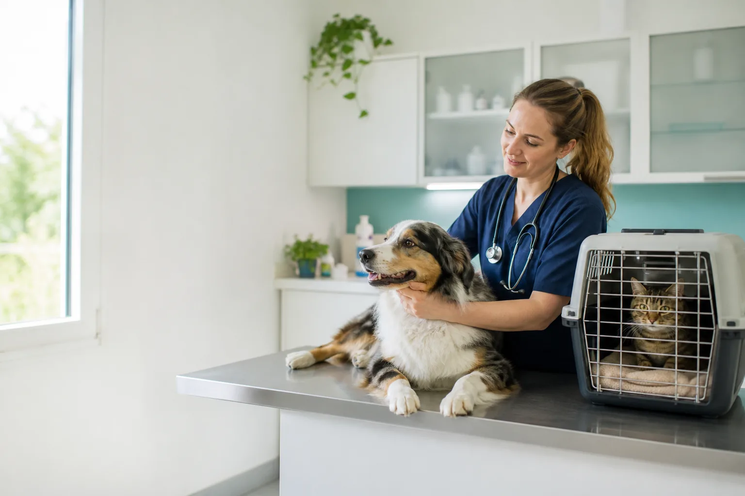 Tierärztin untersucht Hund, Katze wartet sicher in einer Transportbox