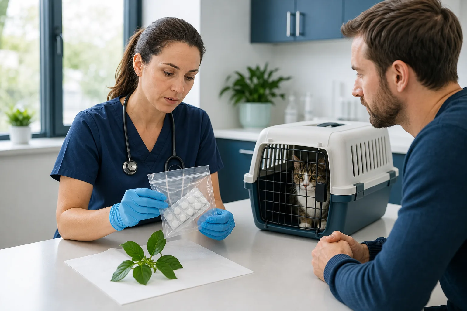 Tierärztin bespricht möglichen Giftstoff, Katze wartet in Transportbox